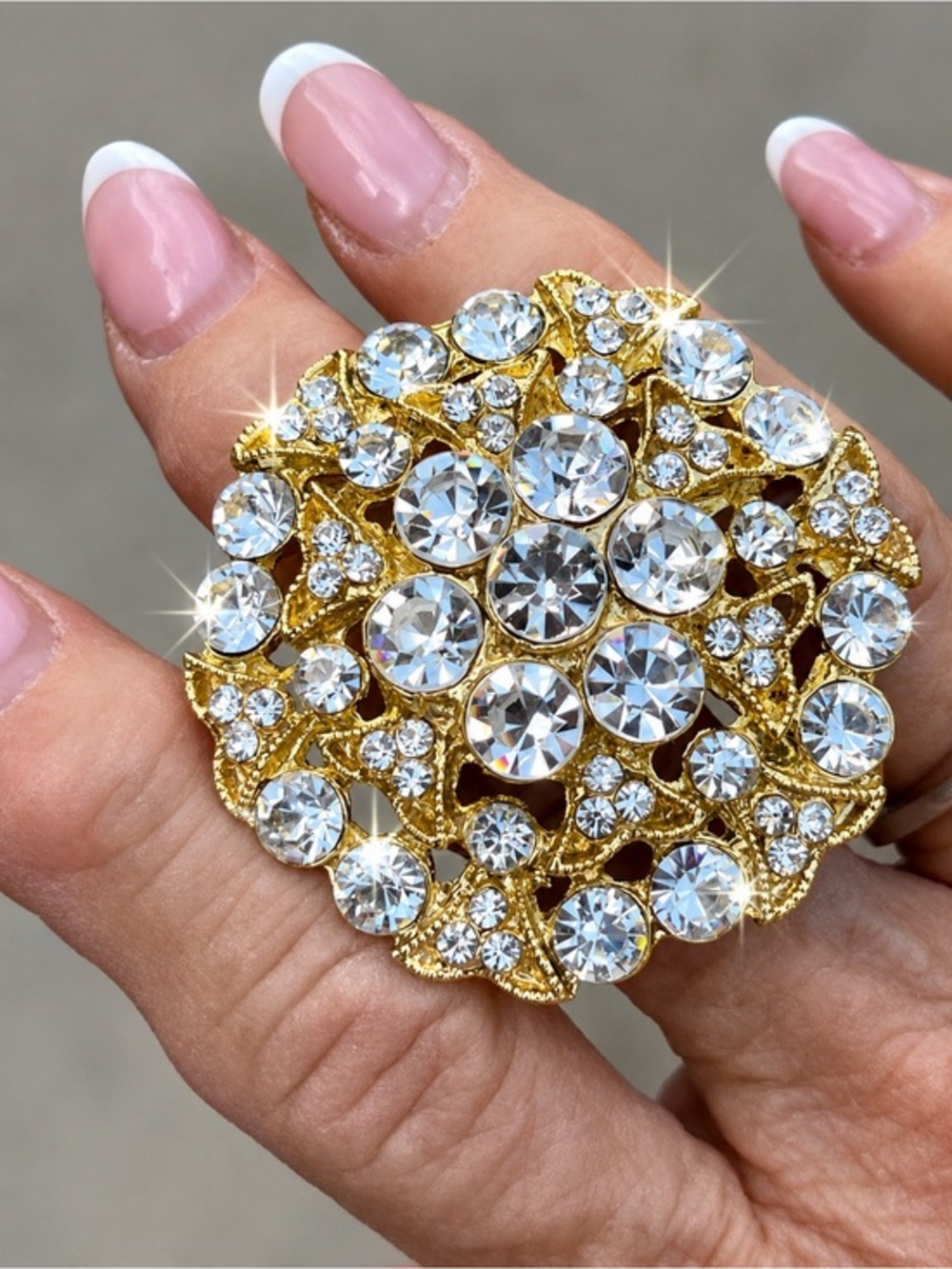 Gold-Tone Clear Crystal Round Brooch - Sparkling Pin